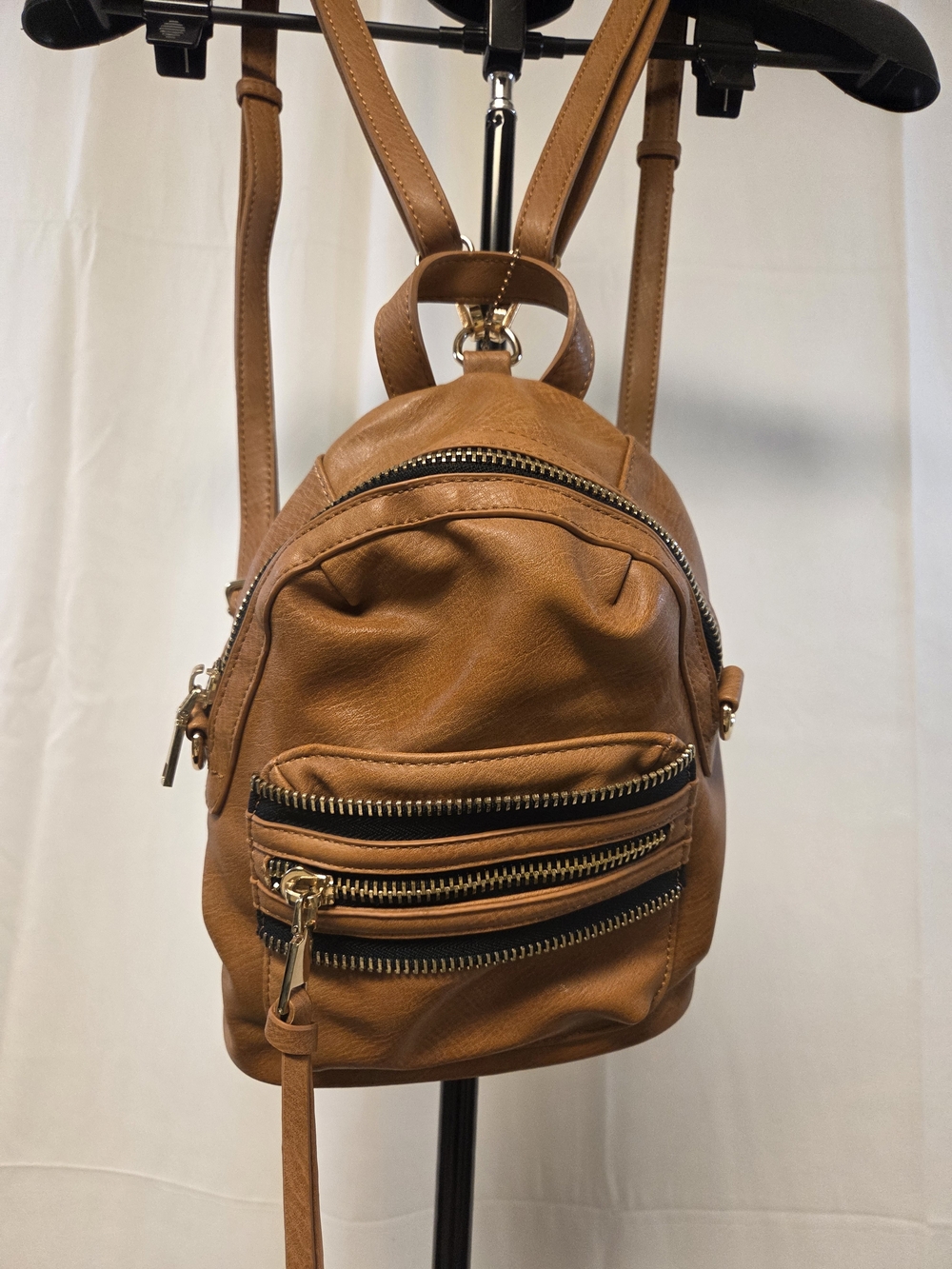 Compact Tan Faux-Leather Mini Backpack with Gold Hardware